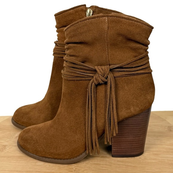 Jessica Simpson JS‑Sesley Suede Fringe Ankle Booties Cognac/Tobacco Brown Sz 6 M - Picture 1 of 14